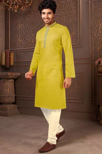Straight cotton green solid collar neck with embroidery kurta payjama