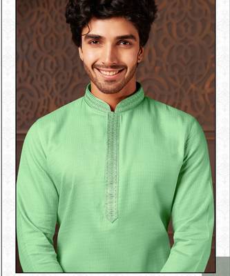 Straight cotton c.green solid collar neck with embroidery kurta payjama 1