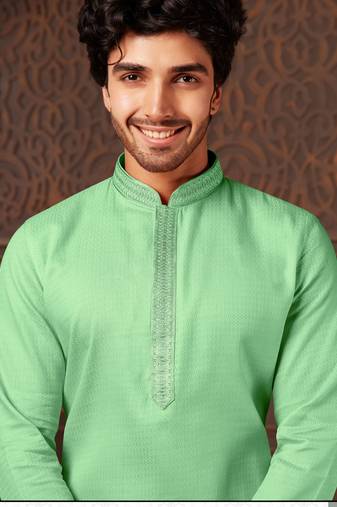 Straight cotton c.green solid collar neck with embroidery kurta payjama