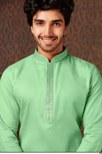 Straight cotton c.green solid collar neck with embroidery kurta payjama