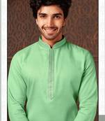 Straight cotton c.green solid collar neck with embroidery kurta payjama