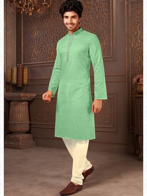 Straight cotton c.green solid collar neck with embroidery kurta payjama 2