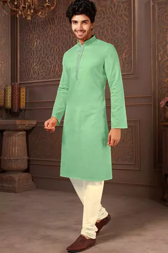Straight cotton c.green solid collar neck with embroidery kurta payjama