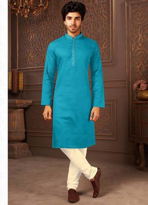Straight cotton firozi solid collar neck with embroidery kurta payjama 1
