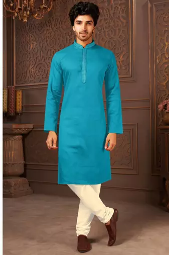 Straight cotton firozi solid collar neck with embroidery kurta payjama