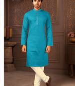 Straight cotton firozi solid collar neck with embroidery kurta payjama