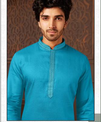 Straight cotton firozi solid collar neck with embroidery kurta payjama 2