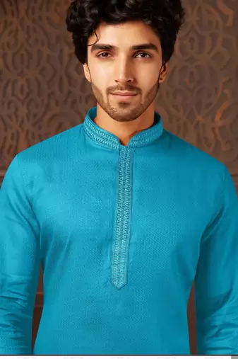 Straight cotton firozi solid collar neck with embroidery kurta payjama