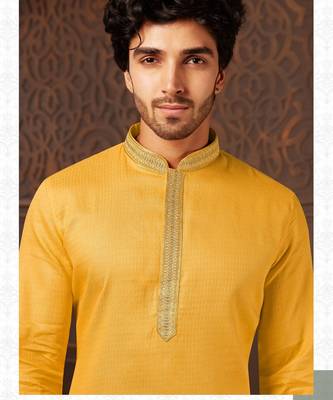 Straight cotton musturd solid collar neck with embroidery kurta payjama 1