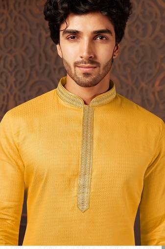Straight cotton musturd solid collar neck with embroidery kurta payjama