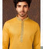 Straight cotton musturd solid collar neck with embroidery kurta payjama