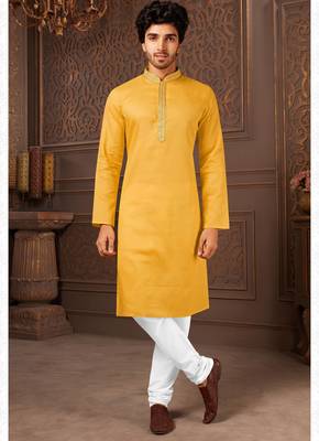 Straight cotton musturd solid collar neck with embroidery kurta payjama 2
