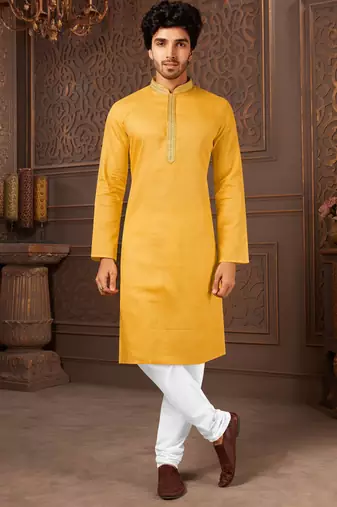 Straight cotton musturd solid collar neck with embroidery kurta payjama