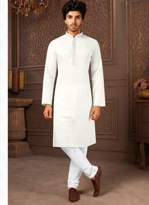 Straight cotton white solid collar neck with embroidery kurta payjama 1