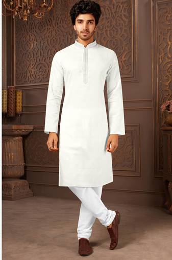 Straight cotton white solid collar neck with embroidery kurta payjama
