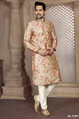 Straight art silk digital print multicolor solid collar neck with embroidery kurta payjama