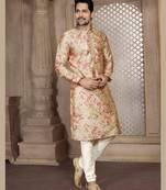 Straight art silk digital print multicolor solid collar neck with embroidery kurta payjama