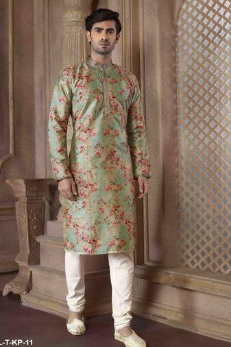 Straight art silk digital print c.green & pink solid collar neck with embroidery kurta payjama