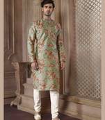 Straight art silk digital print c.green & pink solid collar neck with embroidery kurta payjama