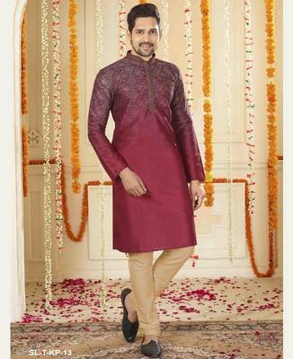 Straight Art silk digital print maroon solid collar neck with embroidery kurta payjama 1