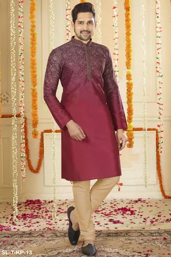 Straight art silk digital print maroon  solid collar neck with embroidery kurta payjama