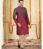 Straight art silk digital print maroon  solid collar neck with embroidery kurta payjama