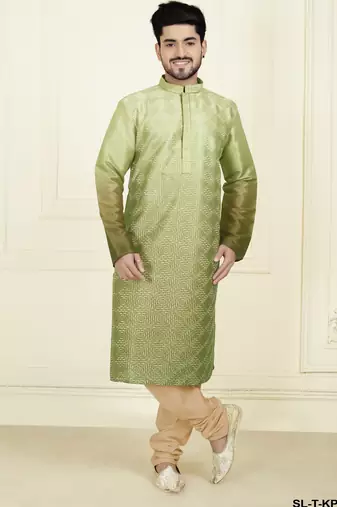 Straight slub silk embroidery green solid collar neck with embroidery kurta payjama