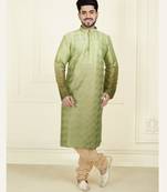 Straight slub silk embroidery green solid collar neck with embroidery kurta payjama