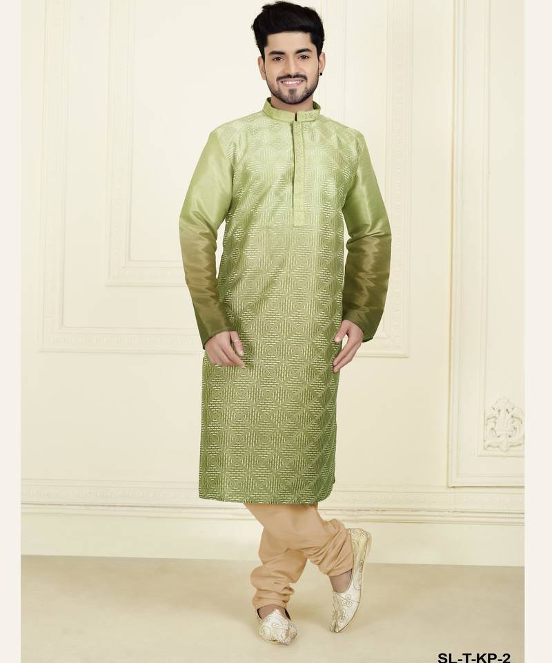Straight slub silk embroidery green solid collar neck with embroidery kurta payjama