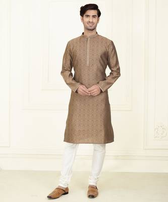 Straight jacquard dark brown solid collar neck with embroidery kurta payjama 1