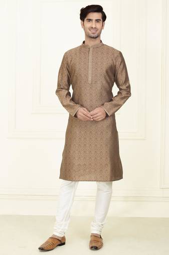 Straight jacquard dark brown solid collar neck with embroidery kurta payjama