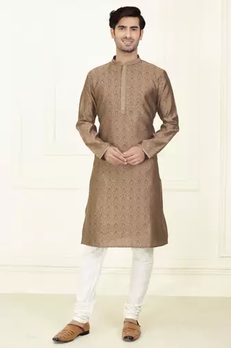 Straight jacquard dark brown solid collar neck with embroidery kurta payjama