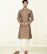 Straight jacquard dark brown solid collar neck with embroidery kurta payjama