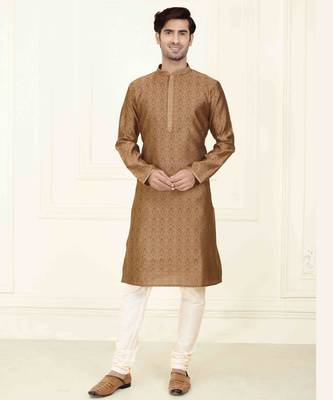 Straight jacquard brown solid collar neck with embroidery kurta payjama 1