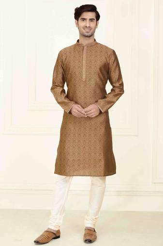 Straight jacquard brown solid collar neck with embroidery kurta payjama