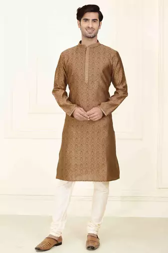 Straight jacquard brown solid collar neck with embroidery kurta payjama