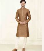 Straight jacquard brown solid collar neck with embroidery kurta payjama