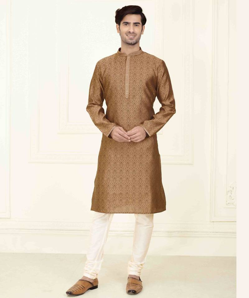 Straight jacquard brown solid collar neck with embroidery kurta payjama