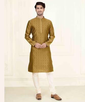 Straight jacquard musturd solid collar neck with embroidery kurta payjama 1