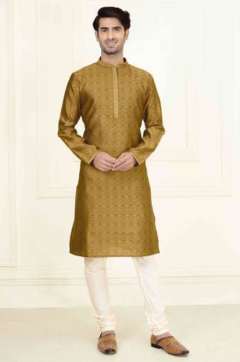 Straight jacquard musturd solid collar neck with embroidery kurta payjama
