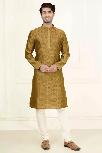 Straight jacquard musturd solid collar neck with embroidery kurta payjama