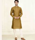 Straight jacquard musturd solid collar neck with embroidery kurta payjama