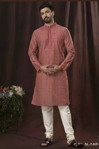 Straight art silk digital print pink solid collar neck with embroidery kurta payjama