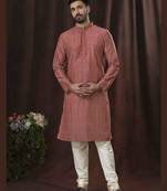 Straight art silk digital print pink solid collar neck with embroidery kurta payjama