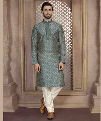 Straight Art silk digital print green solid collar neck with embroidery kurta payjama 1