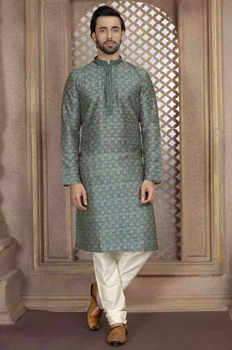 Straight art silk digital print green solid collar neck with embroidery kurta payjama