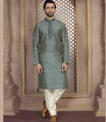 Straight art silk digital print green solid collar neck with embroidery kurta payjama