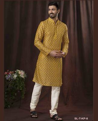 Straight Art silk digital print musturd solid collar neck with embroidery kurta payjama 1