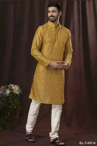 Straight art silk digital print musturd solid collar neck with embroidery kurta payjama