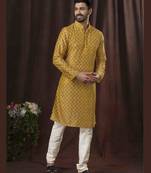 Straight art silk digital print musturd solid collar neck with embroidery kurta payjama